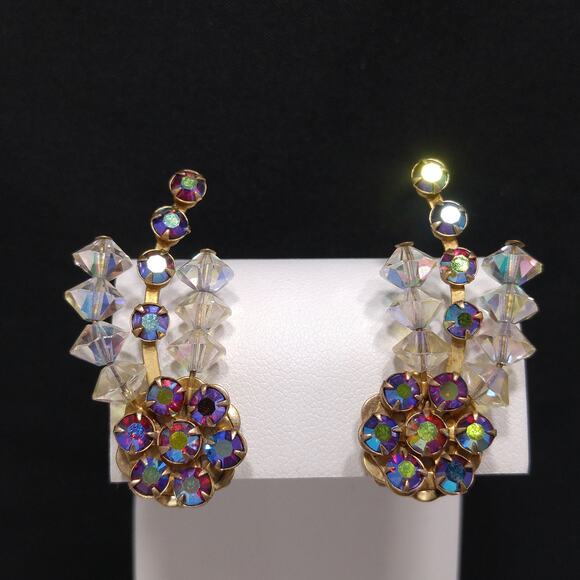 1950s Red Aurora Borealis Crystal Ear Climber Earrings Vintage Clip On Jewelry - Picture 6 of 10